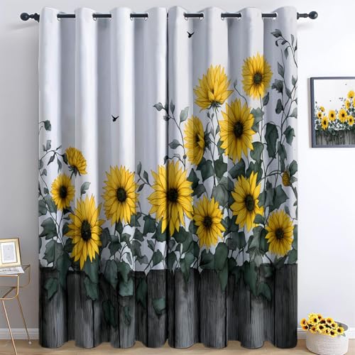 Gris Cortinas Opacas 117 x 137 cm Estilo Rústico Valla De Madera Girasoles – Cortinas de Tela Gruesa y Suave, Aislantes Térmicas para Salón, Oficina o Habitación, 2 Piezas