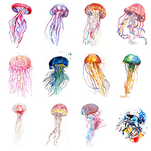 SanerLian Jellyfish Watercolor Temporary Tattoo Sticker Ocean Waterproof Kids Children Party Favor Decorations Hand Arm Shoulder Body Art 10.5X6cm Set of 12 (color2)