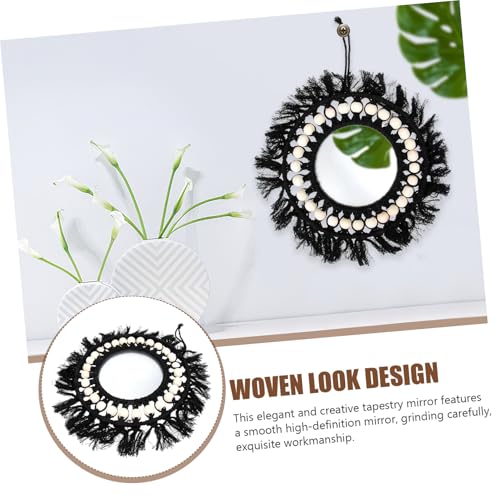 Miroir macramé noir tissé main avec perles pour déco bohème