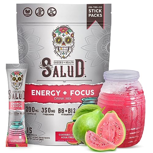 Image of Salud 2-in-1 Energy Drink Powder + Focus, Guava, Organic Caffeine, B6 + B12, Theanine, Clean Energy Drink Packets, Guayaba Agua Fresca Mix, Non-GMO, Gluten Free, Vegan, 1g of Sugar, (15 Servings)