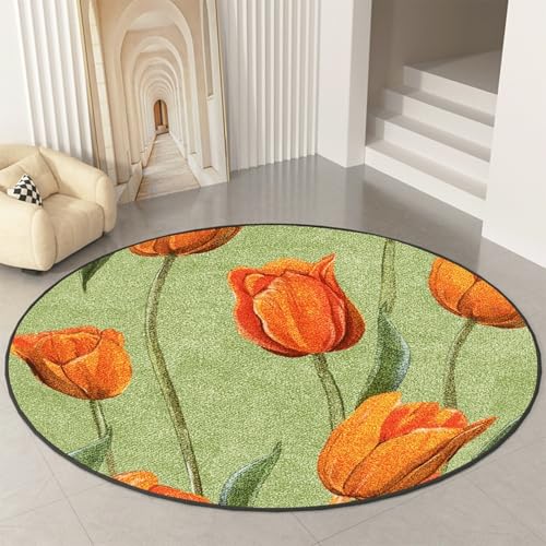 Tapis rond 90 cm fleurs oranges de haute qualité lavable
