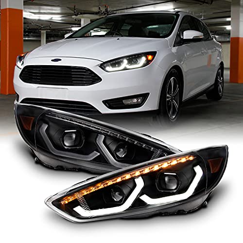 AKKON - For 2015-2018 Ford Focus Full-LED Sequential Turn Signal + Dual Projector Headlights Black Housing