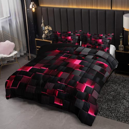 Image of Nttopship Neon Pink Black Comforter Set King Geometric Kids Bedding Set,3 PCS Geometry Honeycomb Bed Set Modern Quilt Set 1 Comforter 2 Pillow Cases Cool Room Decor All Season B-Side Black