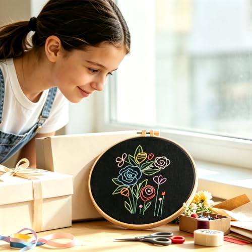 Image of Flowers Embroidery Kits for Adults Beginners, Embroidery Starters Kit, Floral Stamped Cross Stitch Kits Needlepoint Kits for for Beginners Adults Valentine's Day Gifts, Embroidery Hoop, Video Tutorial