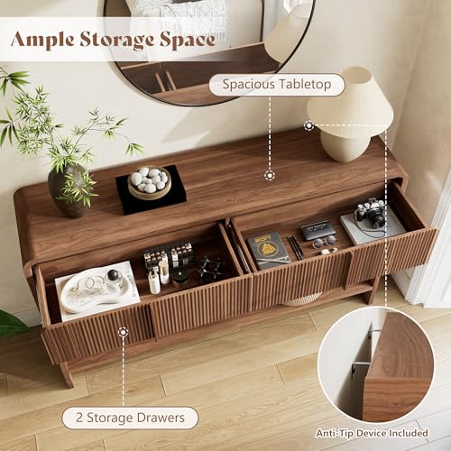 Image of AMERLIFE 45 inch Fluted Console Table with 2 Drawers and Open Shelf, Modern Entryway Table with Rounded Edges, Wood Sofa Table for Hallway, Foyer, Behind Couch, Living Room, Brown