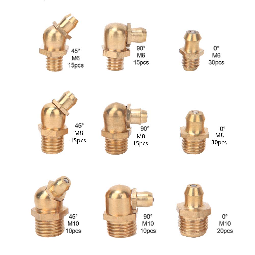 Kit di Capezzolo Grasso di Ottone 160pc, M6/M8/M10 Grease Zerk a 45°, 90° e 180° per Auto, Moto e Camion