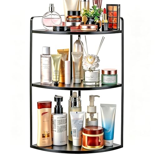 Image of 3 Tier Corner Bathroom Counter Organizer, Countertop Organizer, Makeup Organizer Countertop, Bathroom Storage Sink Shelf, Wooden and Metal Counter Shelf (Large Capacity-Black)