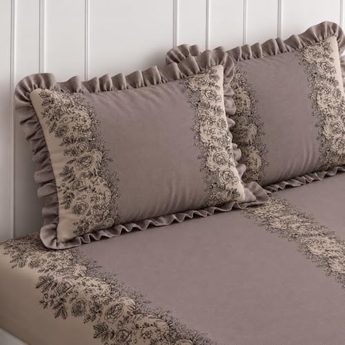 Image of Elastic Fitted King Size Bedsheet Cotton for Double Bed | 72 inchx78 inch +10 Inch, Floral, Soft & Breathable, Fade & Shrink Resistant, 2 Pillow Covers (Warm Taupe)