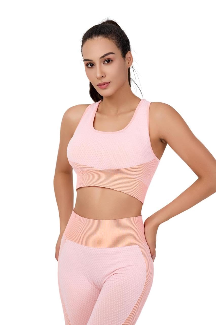 Set da allenamento da donna, 3 pezzi, senza cuciture, leggings a vita alta, reggiseno sportivo e top corto, per yoga e fitness, palestra