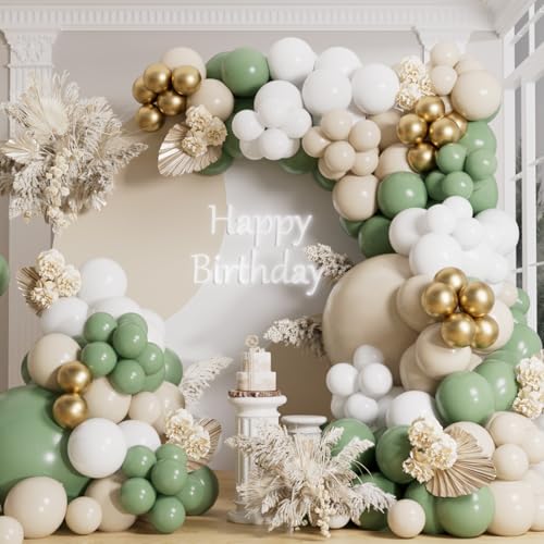 Image of AULE 155Pcs Sage Green Balloon Arch Kit Olive Sand White Balloons | Dusty Green Gold Birthday Anniversary Party Decorations Large Helium Number Balloons Jumbo Giant Huge Mylar