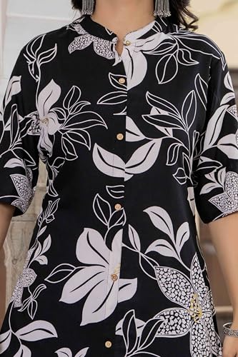 Image of Women's Floral Print Rayon Kurta Palazzo, Round Neck Half Sleeve, Regular Fit, Ethnic Casual Wear