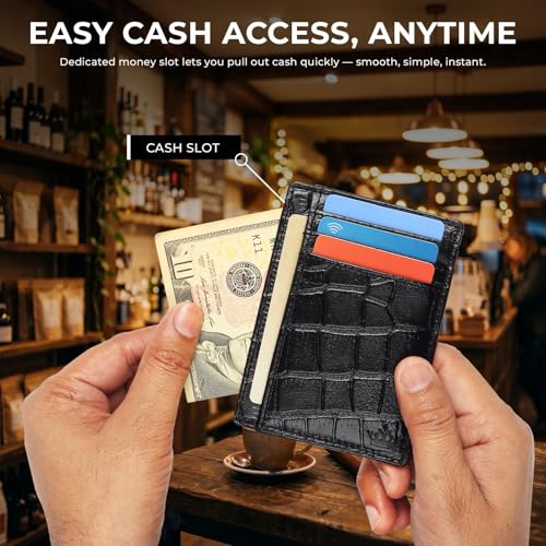 Image of Genuine Leather Slim Card Holder Wallet for Men - Premium and Stylish Card Holder with Capacity for 7-10 Cards and Currency Compartment - Stylish and Functional Leather Wallet (BLACK)