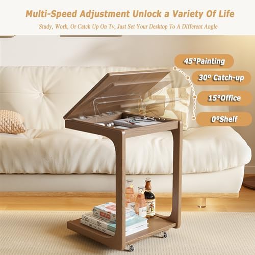 Adjustable C-Shaped Solid Wood TV Tray Table with Wheels, Removable Side End Table for Couch, Living Room & Bedroom, Walnut Finish, 31.5" L x 15.35" W x 24.8" H