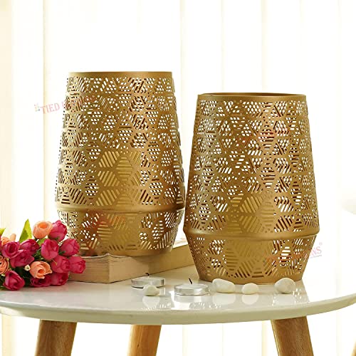 Image of TIED RIBBONS Set of 2 Antique Gold Metal Tealight Candle Holder Stand - Christmas Decorations Items for Home Decor Table Xmas Gift Items (Gold, 20.2 cm X 11.4 cm)