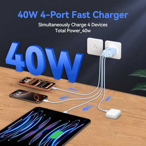 Image of USB C Wall Fast Charger Block, 40W 4-Port Type C Chargers Fast Charging Blocks PD Power Charger Adapter+QC 3.0 USB Multiport Charger Brick for Phone 17 /16 /15 /14 /13 /12 Pro Max, i-Pad, Galaxy S25-2Pack