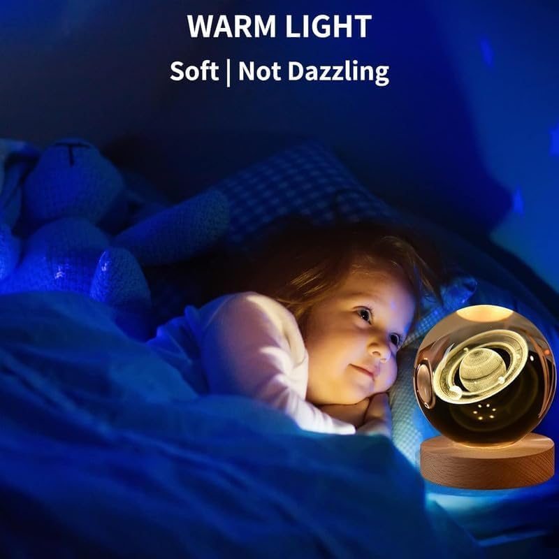 Image of SCILLA 3D Saturn Crystal Ball Night Lamp | 6 cm Glass Ball | Warm White LED | Bedroom & Gift Light |Aesthetic Gift Lamp (Saturn)