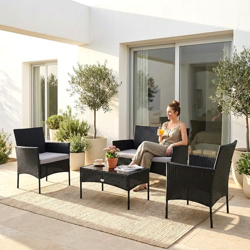 Image of OUTLIVING Outdoor 4 Seater Sofa Set || Patio Furniture Sets || Balcony Sofa || Indoor Sofa || Wicker Rattan Garden Sofa Set with Cushion and Center Table (Black / /Grey)