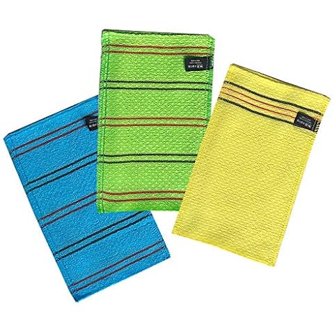 NOPIGO Korean Exfoliating Mitt Body Scrub Washcloth (Long 3 Pack) (Blue Yellow Green) Cover