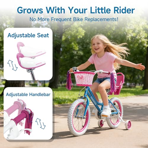 Image of WinHope Girls Bike, 12-18 Inch Children's Bicycle for 2-9 Years Old, Beginner Kids Bike with Training Wheels, Doll Seat & Basket,Streamers for Outdoor Riding, Multiple Colors