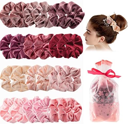 24 Pieces Blush Theme Hair Scrunchies Velvet Pink Elastic Hair Scrunchies Soft Hair Bands Scrunchy Bobbles Hair Ties with Drawstring Bags for Women Theme Party Hair Accessories