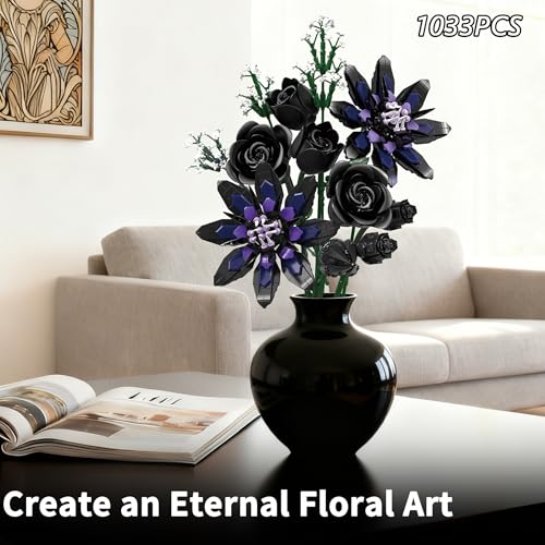 Image of Flower Bouquet Building Set, 12 Gothic Black Rose and Lotus Botanical Collection Building Block Toy Compatible with Lego Flowers for Adults Women Home Decor, Gift for Valentine, Mother's Day