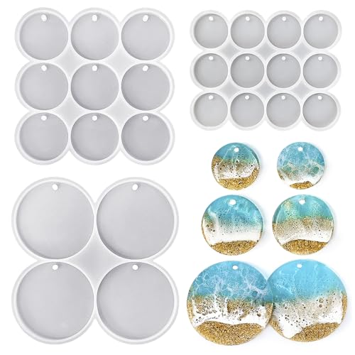 RESINWORLD 25-Cavity Set of Large + Medium + Small Shiny Flat Circle Silicone Mold Drilled Round Earrings Pendant Mold Keychain Pet Tag Resin Mold