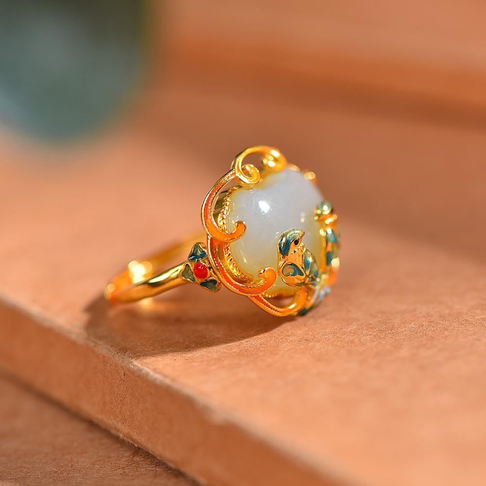 S925 Silver-Inlaid Natural White Jade Ruyi Lock Enamel Ring with Adjustable Opening and Including Certificate