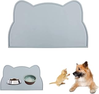 Silicone Dog Cat Bowl Mat, Cat Feeding Mat,Silicone Pet Food Mat, Non Slip Waterproof Dog Bowl Mat, Waterproof Tray Cushion Stop Food Spills and Water Messes Out to Floor Keep Floors Clean (Grey)