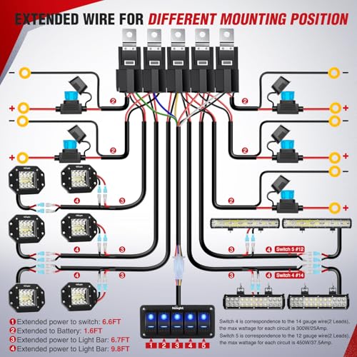 Image of Nilight 16AWG 14AWG 12AWG LED Light Bar Wiring Harness Kit - 10 Leads | 12V On /Off 5 Gang Rocker Switch Panel Power Relay Blade Fuse 5Pin Toggle Switches for Cars Boat ATV Trucks