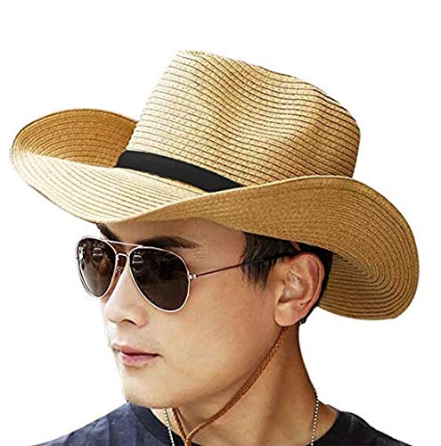 Men Cowboy Sun Hat Foldable Straw Hat Classic Western Newsboy Cap Summer Wide Brim Roll Up Raffia Cowboy Hat Khaki #TOP18