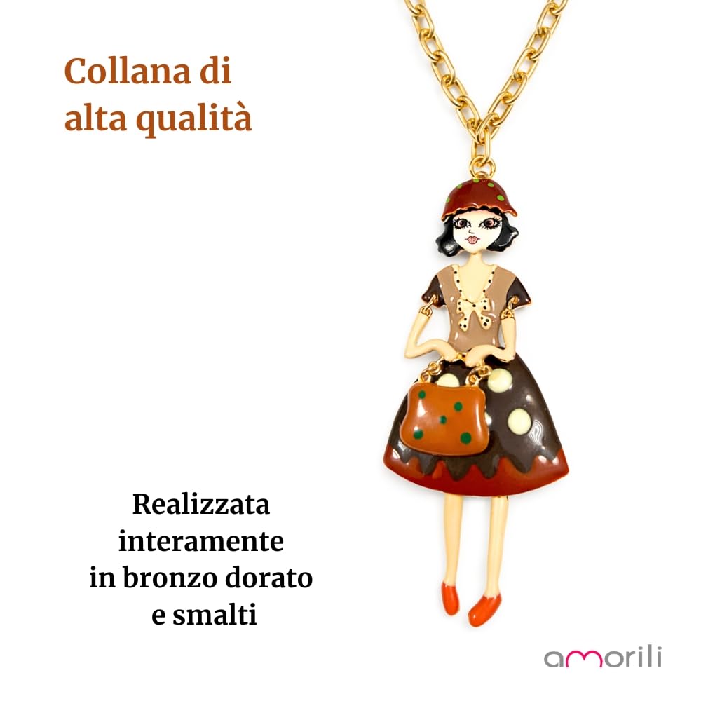 Collana Bambolina Donna in Bronzo Dorato con Smalti Colorati – Ciondolo Elegante e Originale – Gioiello Moda Idea Regalo per Lei