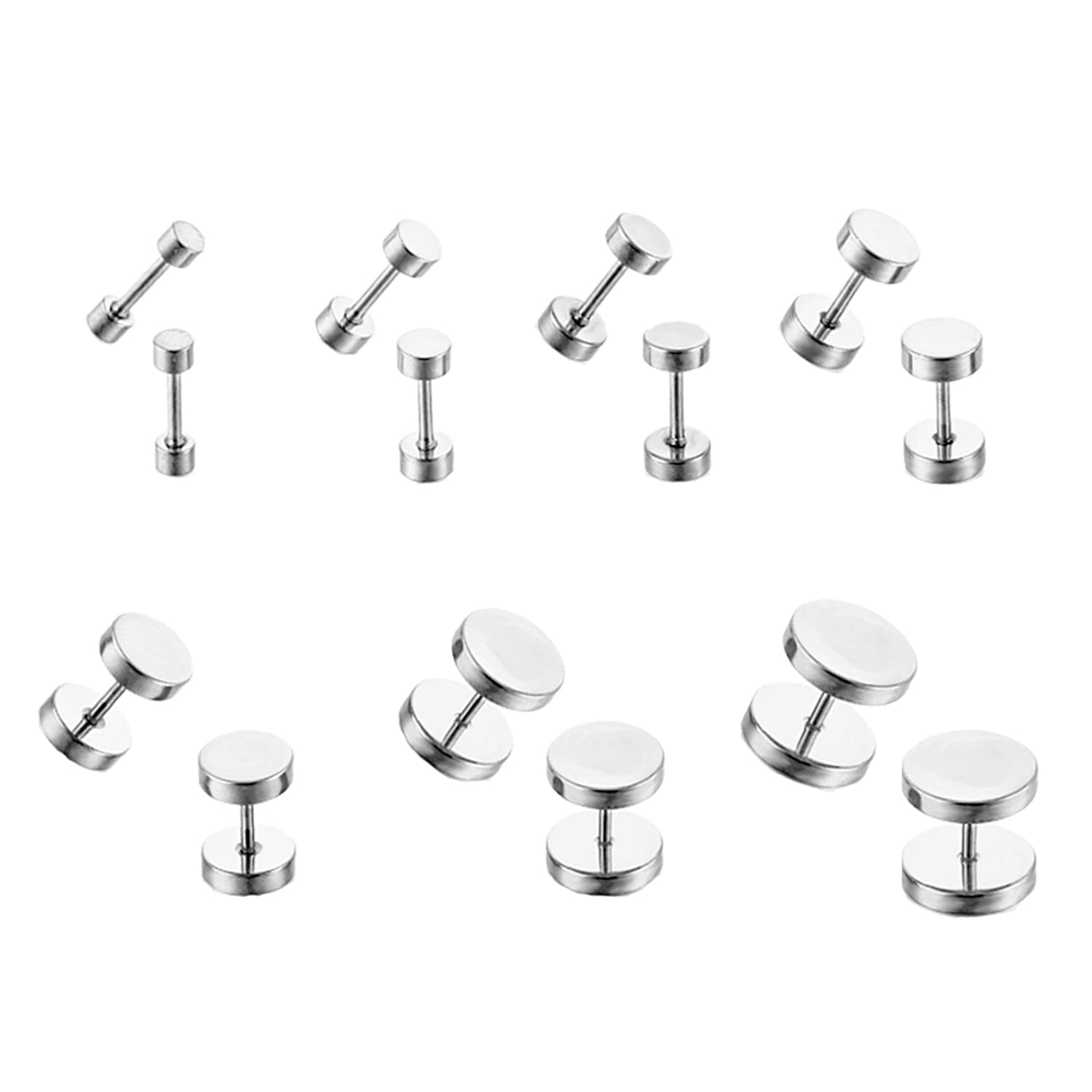 WUWEIJIAJIA 7 Pairs Punk Silver Stainless Steel Stud Earrings for Men Women Faux Gauges Ear Tunnel Earrings Sets 4mm-10mm