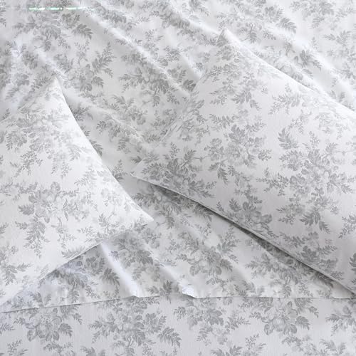 Image of Laura Ashley - Flannel Sheets Queen Size, Anti-Pilling & Wrinkle Resistant Cotton, Touchably Soft for All-Season Comfort - Bed Sheets with Matching Pillowcases & Fitted Sheet (Vanessa Grey)