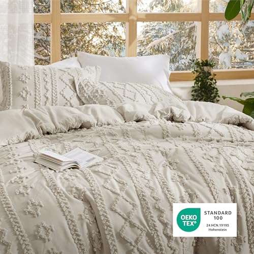 Image of Bedsure Tufted Boho Comforter Set Full Size - Linen Boho Bed Set, GentleSoft 3 Pieces Farmhouse-Style Embroidery Bedding, Gifts for Woman, Soft Jacquard Kids' Full Comforter for All Seasons