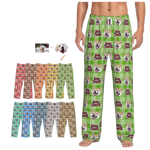 Custom Pajamas Pants Merry Christmas with Photo for Mens, Personalized Xmas Pj Bottoms Sleepwear Dog Pet Face Gifts for Women Father