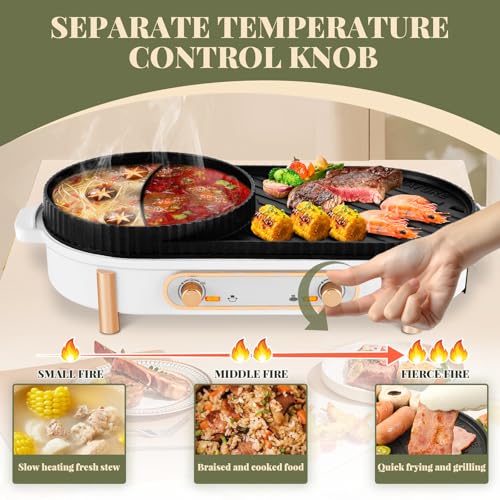 YJINGRUI Hot Pot électrique 2200W gril électrique Hot Pot Grill 2 en 1 pot hotpot et plaque de gril avec 2 réglages de température indépendants pour 3-12 personnes – Image 5