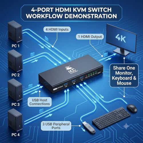 Image of HOC Technologies 4 Port HDMI KVM Switch 4K@30Hz, HDMI 1.4, 3D, USB Keyboard Mouse Sharing, Windows /Mac /Linux /Chrome OS