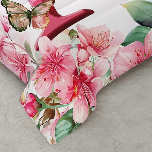 Image of AILONEN Queen Floral Initial A Comforter Set, Pink Blossom Butterfly Bedding, Monogram Letter Decor, Lightweight Microfiber Luxury Guest Master Bedroom