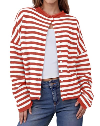 IPMQ Womens Striped Cardigans Lightweight Casual Button Up Sweaters Long Sleeve Loose Knit Cardigan Sweater Fall Winter Red