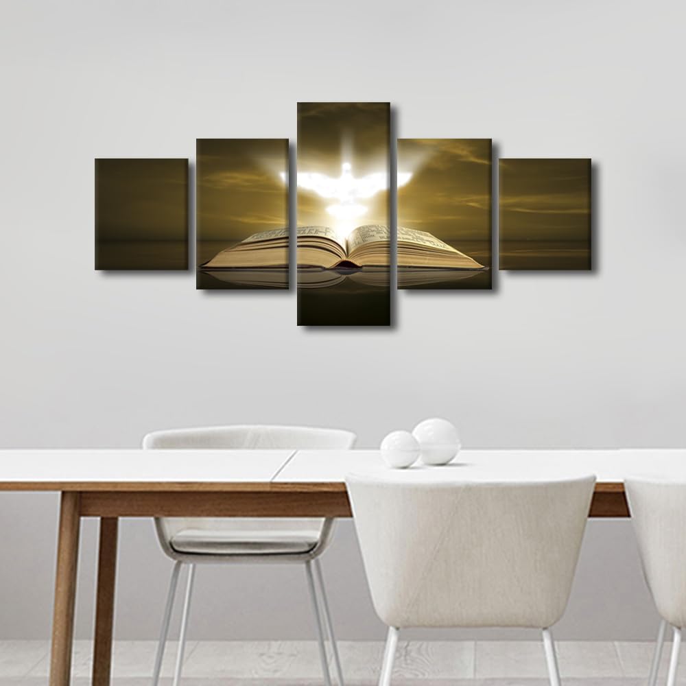TUMOVO Holy Spirit Bedroom Decor Holy Bible Canvas Wall Art Christian Religion Wall Decorations for Living Room 5 Pieces Holy Spirit Wall Paintings Framed Ready to Hang (50''Wx 24''H)