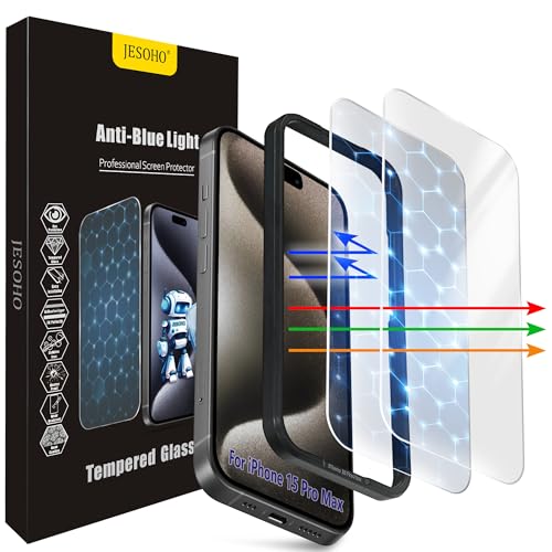 JESOHO Screen Protector for iPhone 15 Pro Max [6.7 Inch] 2 pcs Colorless Anti-Blue Light Tempered Glass Films HD Clear 9H Hardness No Bubbles Case Friendly