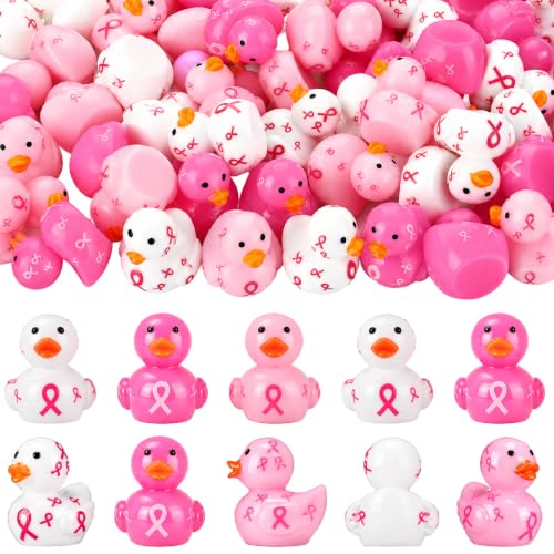 Weysat 60 Pcs Breast Cancer Awareness Mini Ducks Pink Ribbon Resin Figurine