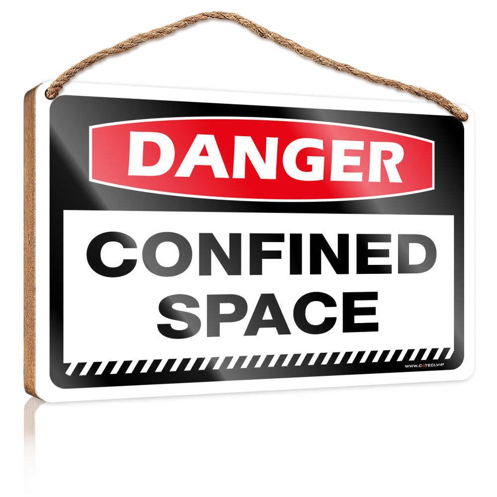 HMQW Diy Door Front Sign Danger Confined Space Wooden Sign Funny Bathroom Signs Porch Decor(23X35CM)