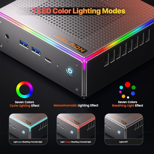 Image of PELADN Mini PC, AMD Ryzen 9 7940HS (8C /16T, Up to 5.1GHz) Radeon 780M 32GB DDR5 5600Mhz RAM, 1TB SSD, 4K HD, BT5.2, Dual HD, WiFi6 2.4G /5G, Business Small Desktop PC RGB Light