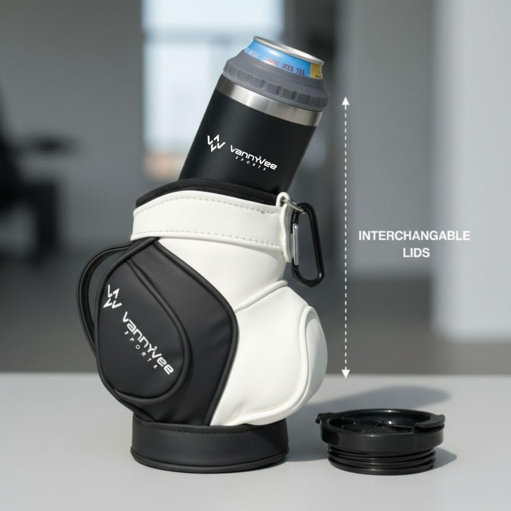 Mini Golf Bag Drink Holder & 14oz Stainless Steel Tumbler Set - Fits Multiple Can Sizes & Mixed Drinks – Fun Accessory & Golf Gift for Men and Women