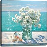 Bathroom Decor Ocean Daisy Flower Canvas Wall Art Coastal Nautical Seashell Seascape Framed Picture Ocean Theme Seascape Painting Artwork for Bedroom Home Decoration Square Blue 14x14'