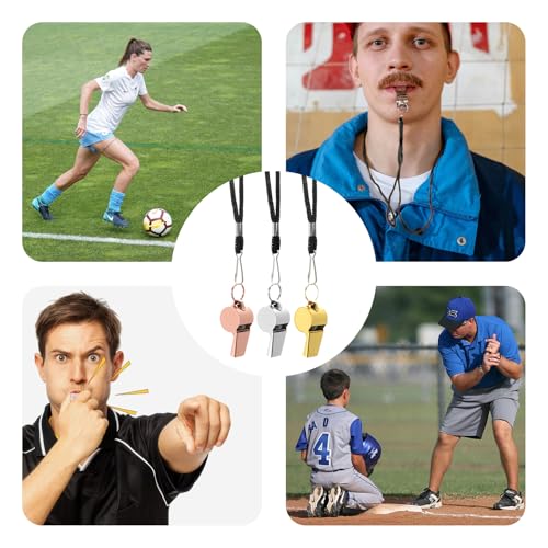 6 PCS Coaches Whistle With Lanyard,Stainless Steel Referee Sports Whistle,Emergency Loud Safety Whistle,Silver Golden Rose Metal Whistles,School Referee Whistle for Teachers,Adults,Training,Sports