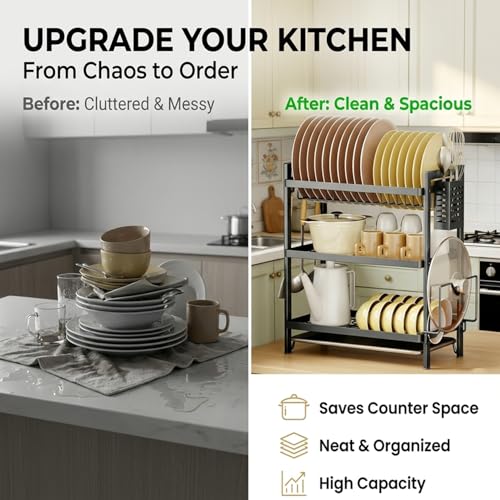 Image of COMFYHOME Dish Drying Rack, 3-Tier Wrought Iron Space-Saving Kitchen Dish Drainer with Drainboard & Utensil Holders, Rustproof Counter Organizer for Plates, Utensils, Bartan