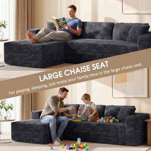 Image of 103 inch Modular Boneless Couches,Sectional Sofa for Living Room with 2 Cup Holders,Memory Foam Cloud Couch with L Shaped Oversized Chaise,No Assembly Needed Plush Corduroy Sofa,Dark Gray