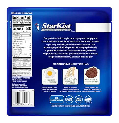 Image of StarKist Wild Caught Light Tuna in Water, 11oz Pouch, 12-Pack | 19g Protein Per Serving, Ready to Eat, Shelf Stable Seafood, Gluten Free, Soy Free, No Draining for Salads and Sandwiches